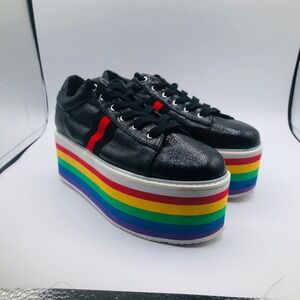 CAPE ROBBIN SUPER PLATFORM BLACK FAUX LEATHER LACE UP RAINBOW PLATFORM SIZE  9‎